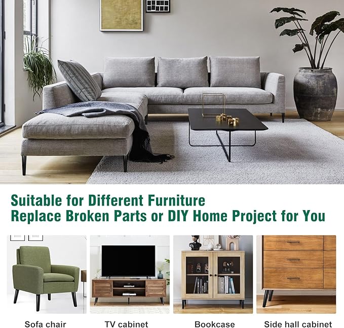 FoDau770 Black Rubber Wood Furniture Legs 8 Inches, Straight Tapered Wood Feet Mid Century Sofa Legs Set of 8, 5/16" UNC Furniture Feet for Cabinet Couch Dresser Chair Ottoman Table