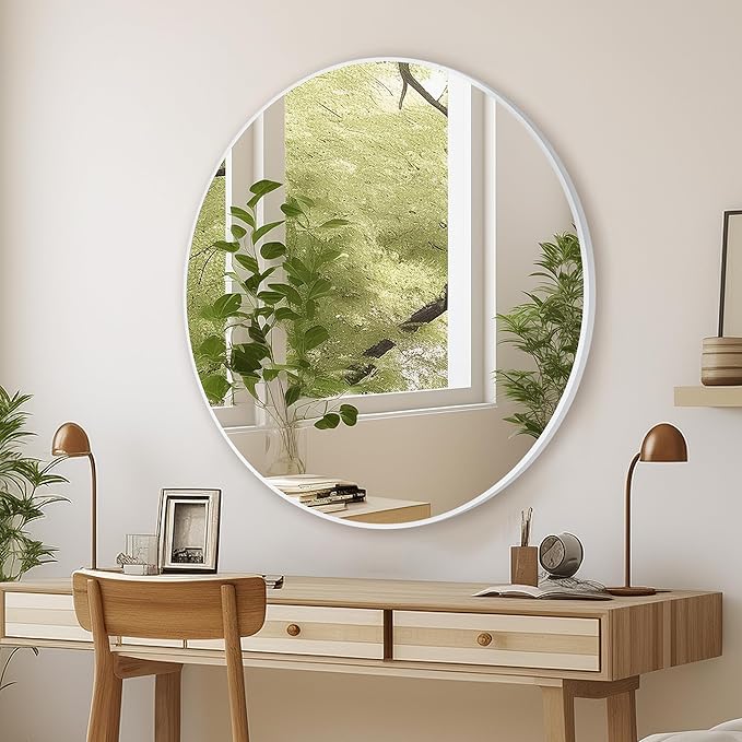 White Round Bathroom Mirror 30 Inch,White Wood Framed Circle Mirrors with Tempered Glass for Bedroom Living Room or Entryway Modern Wall Decor