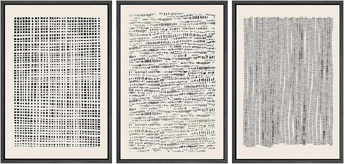 SIGNWIN Framed Canvas Print Wall Art Set Geometric Dark Black Grid Wave Pattern Abstract Shapes Cozy Neutral Modern Art Decorative Contemporary for Living Room, Bedroom, Office - 16"x24"x3 Black