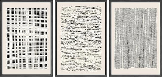 SIGNWIN Framed Canvas Print Wall Art Set Geometric Dark Black Grid Wave Pattern Abstract Shapes Cozy Neutral Modern Art Decorative Contemporary for Living Room, Bedroom, Office - 16"x24"x3 Black