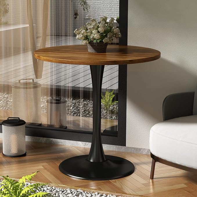 Round Dining Table 30" Circle Tulip Table with Wood Thickened Tabletop & Sturdy Metal Pedestal Mid Century Modern Farmhouse Kitchen Tables for 4 Small Places Living Room Cafe,Somber Walnut