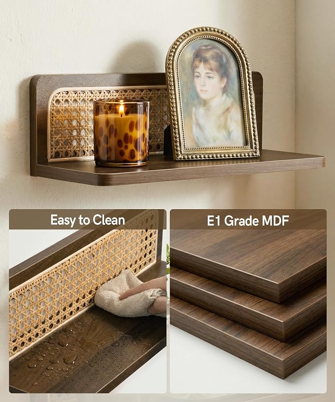 Rattan Wall Shelf Mid Century Modern Decor Floating Shelves Walnut Boho Wall Decor Decorative Shelving Home Decor Living Room Bedroom Coffee Bar Bathroom Plant Photo 16inch