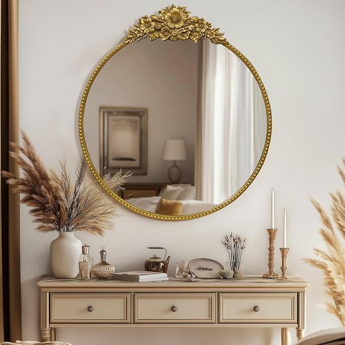 Vintage Round Mirror, 28" Baroque Style Circular Mirror, Antique Metal Frame Wall Mirror, Traditional Art Home Decor for Dressing Table, Bathroom or Bedroom,Retro Gold