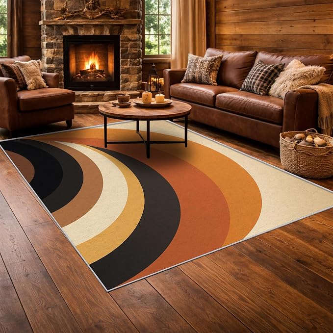 Mid Century Modern Area Rug 5x5, Washable Non-Slip Low Pile Retro Rainbow Rug for Living Room Bedroom Home Office, Abstract Boho Carpet in Terracotta Camel Cream and Black