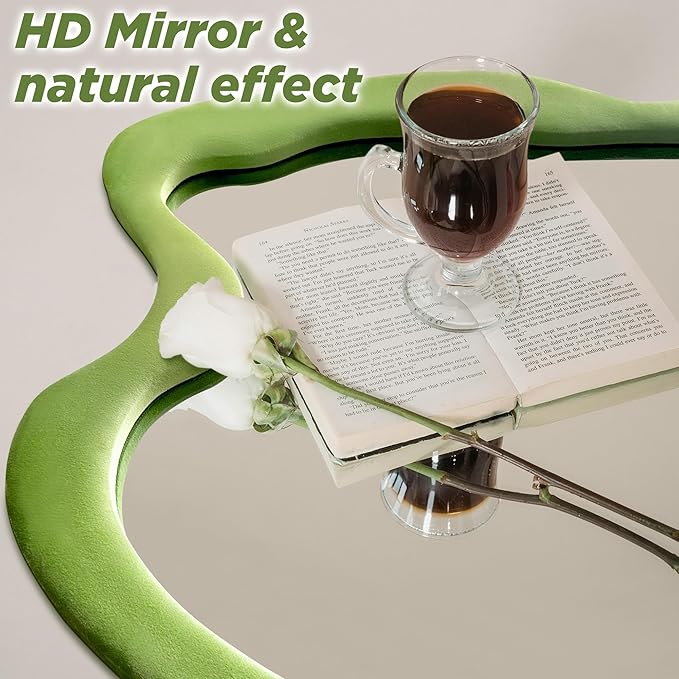 Irregular Wall Mirror, 24"x 32" Green Wavy Mirror, Flannel Wrapped Wooden Frame Asymmetrical Decorative Mirrors, Modern Wall Mirror for Bedroom Living Room Entryway