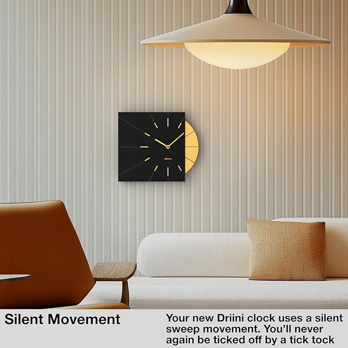Driini Clocks Mid Century Modern Wall Clock - Square Black Clock with Decorative Gold Accent- Unique and Cool Clock, Battery Operated - MCM Decor & Decorative Wall Clock for Mid Century Modern Decor.