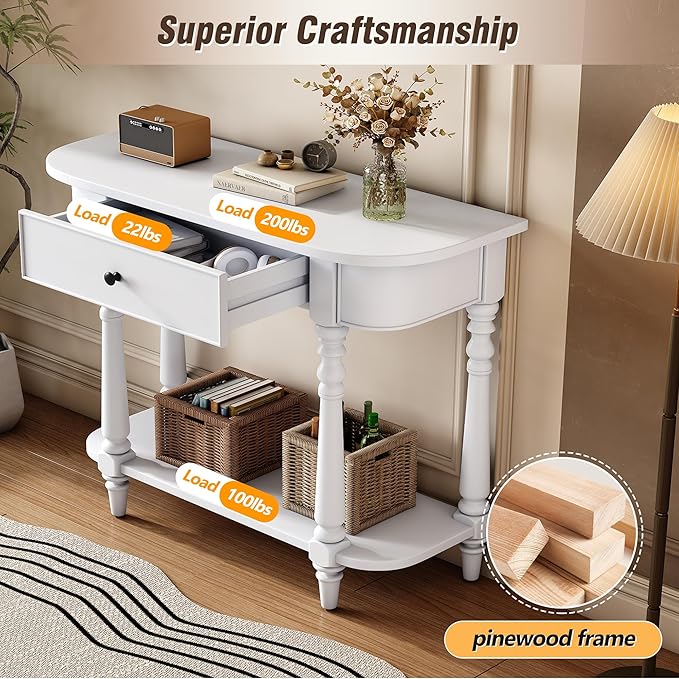 SOFTSEA Curved Corner Console Table with Drawer, 36" Entryway Table with Open Storage Shelf, Retro Curved Enterway Table with Storage, Save Space, White