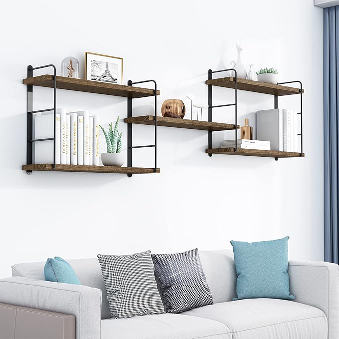 MXCSE Wall Shelves, Wall Mounted Bookshelves, DIY Floating Shelves for Wall, Wood Hanging Book Shelves for Room, Bedroom, Living Room, Easy Installation, 5 Shelves (Brown, 50W x 17H)