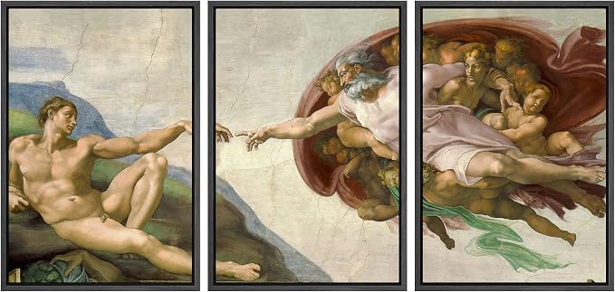 wall26 Framed Canvas Print Wall Art Set Creation of Adam by Michelangelo Cultural Historic Oil Painting Fine Art Reproduction Scenic Colorful for Living Room, Bedroom, Office - 16"x24"x3 Black