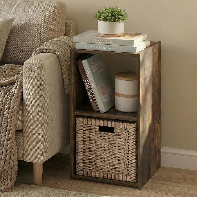 Furinno PELLI Book Shelf, 2-Cube Bookshelf with Open & Closed Back Cubes, 2 x 1 Storage Organizer Cabinet, 12.2 x 11.6 x 24.2, for Living Room, Bedroom, Home Office, Amber Pine