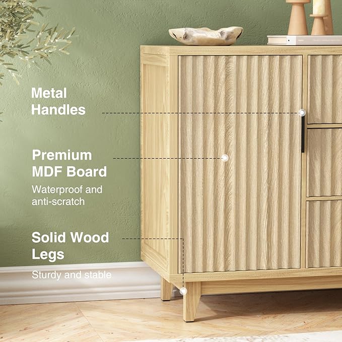 47.2" W Storage Cabinet with 3 Drawers, Fluted Buffet Cabinet with Storage, Large Sideboard Cabinet with 2 Door, Modern Mid Century TV Stand Coffee Bar Cabinet for Living Room, Kitchen, Entryway