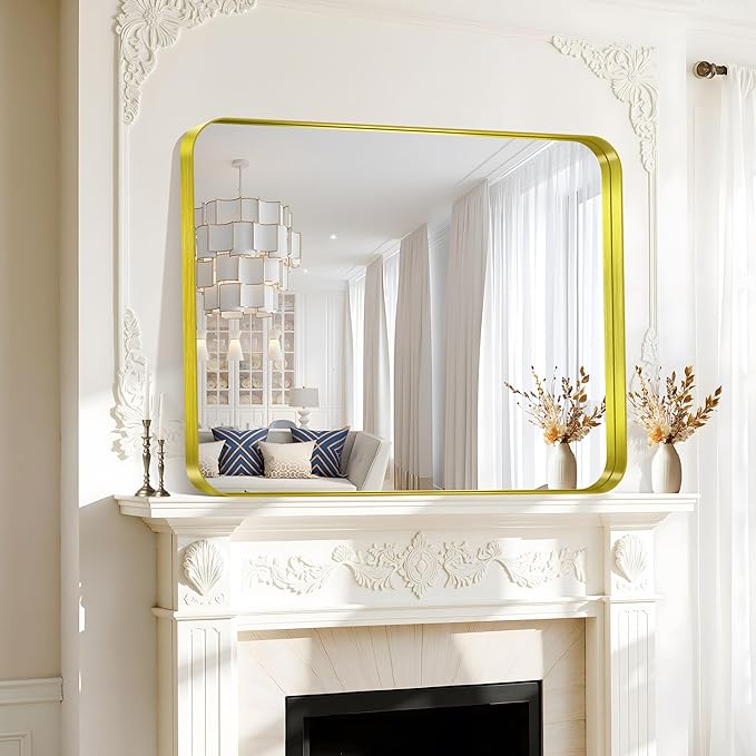 CIRCUMI Gold Bathroom Mirror, 30"x36" Rectangular Mirror with Deep Metal Frame, Rounded Corner, Tempered Glass, Mirror for Wall, Oversink, Bedroom, Installed Vertically/Horizontally, Crystal-Clear