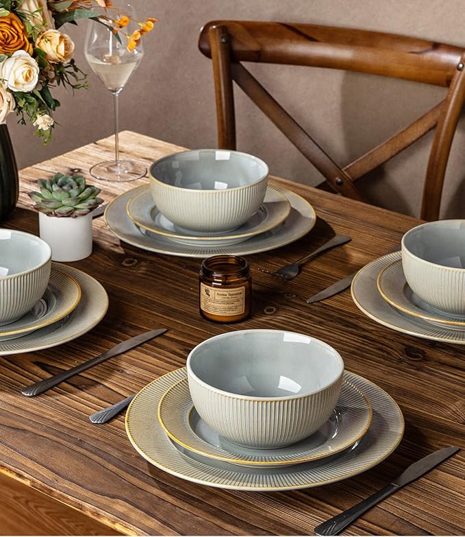TheTerra Stoneware Dinnerware Sets for 4, 12 Pieces Ceramic Plates and Bowls Sets, Scratch Resistant Embossed Dish Set, Oven, Microwave & Dishwasher Safe, Desert Sage