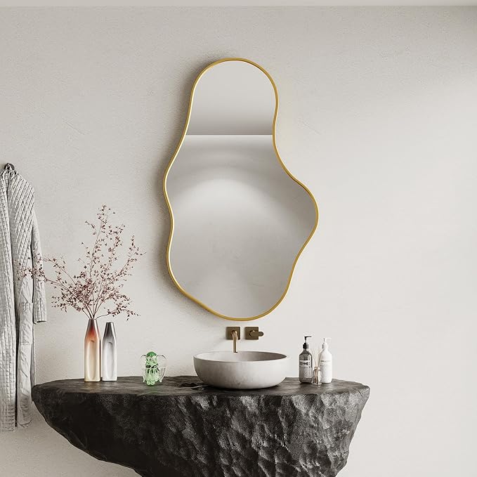 Irregular Wall Mirror - Gold Wall Mirrors Decorative 24"x 40" Wavy Asymmetrical Abstract Mirror Aviation Aluminum Alloy Frame Unique for Vanity, Entryway, Bathroom, Bedroom, Living Room, Cloakroom