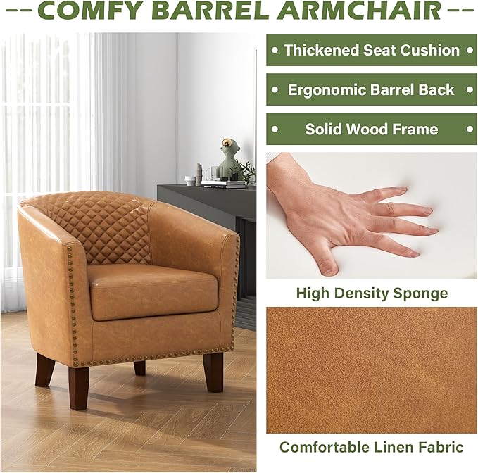 UIXE Faux Leather Barrel Accent Chair, Living Room Club Arm Chairs Modern Round Armchair Comfy Upholstered Single Sofa Reading Seat, Coffee/Light Brown