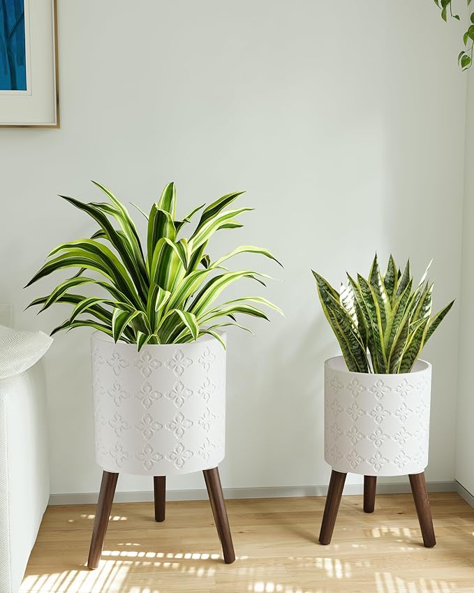 Planter with Stand,Set of 2 – Large Indoor Plant Pots & Drainage, Matte White