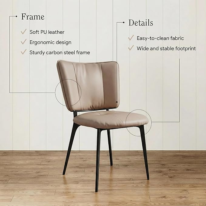 Upholstered Kitchen Dining Chairs Set of 2, Modern PU Leather Dining Chairs with Comfortable Round Seat & Metal Legs, Easy Assembly, Kitchen Living Room Lounge Restaurant, Light Coffee
