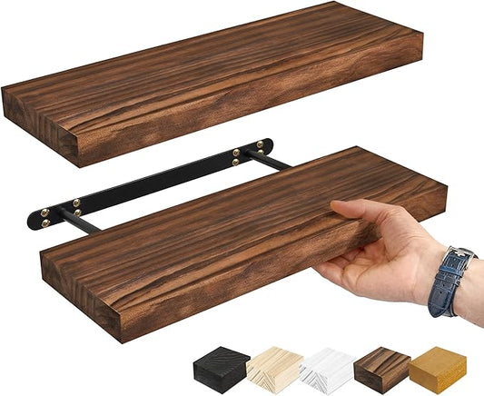 Sorbus Wood Floating Shelves for Wall - 16” Solid Wood Wall Shelves for Bathroom Decor, Books, Bedroom & Living Room - Set of 2 Walnut Wall Mounted Kitchen Shelves - Durable Solid Pine