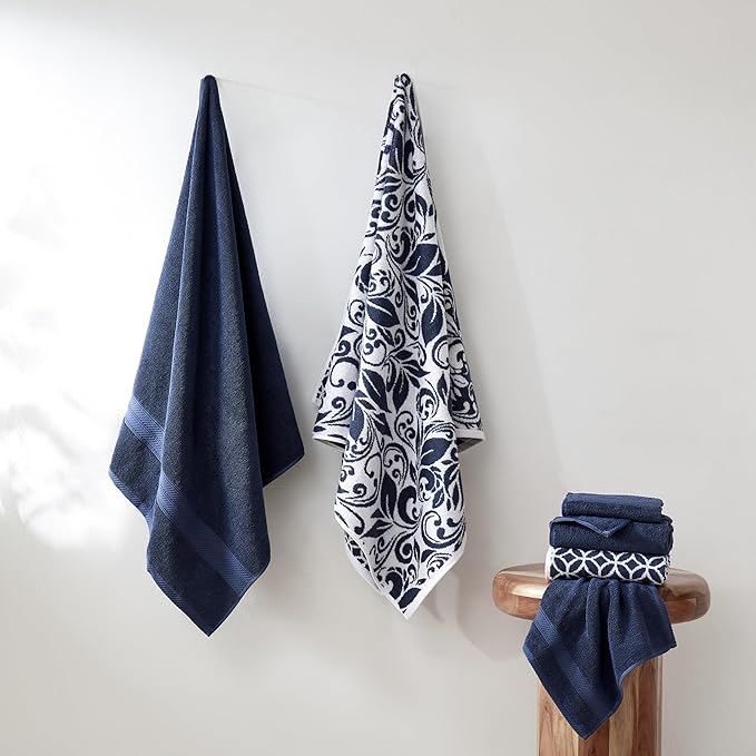 Modern Threads Trefoil Filigree 6-Piece 100% Cotton Towel Set – Reversible Yarn Dyed Jacquard – Includes 2 Bath Towels, 2 Hand Towels, 2 Washcloths – Absorbent, Quick Dry, Soft & Durable – Navy Blue