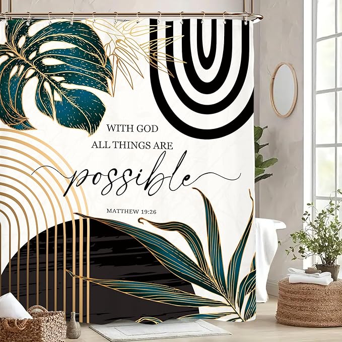 Miyotaa Abstract Bible Quotes Shower Curtain Set 60Wx71H Inches Minimalist Aesthetic Modern Contemporary Inspirational Motivational Positive Polyester Waterproof Bathroom Curtain with 12 Hooks