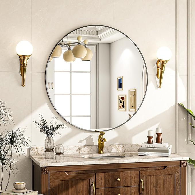 Round Mirror Wall Mounted Mirror - 28" Circle Mirror Bathroom Vanity Mirror with Aluminum Frame for Bedroom Living Room, Entryway Decor Black