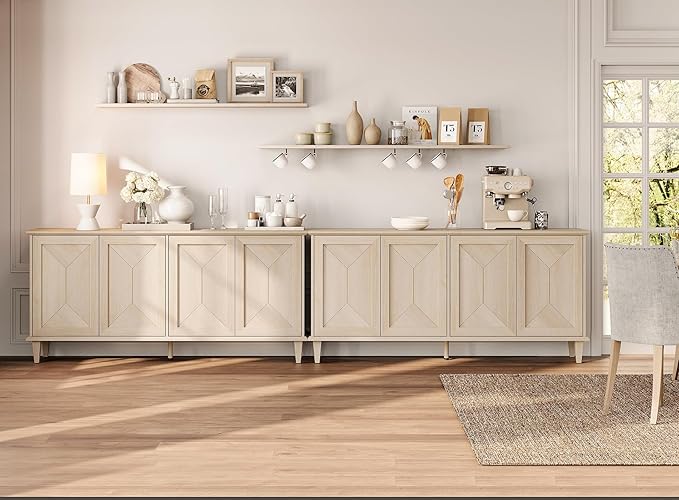 WAMPAT 130-inch Handcrafted Patchwork Decorative Buffet Cabinet with Pop-Up Design Doors,2-in-1 Large Modern Farmhouse Accent Credenza for Coffee Bar, Kitchen, and Living Room, Light Oak