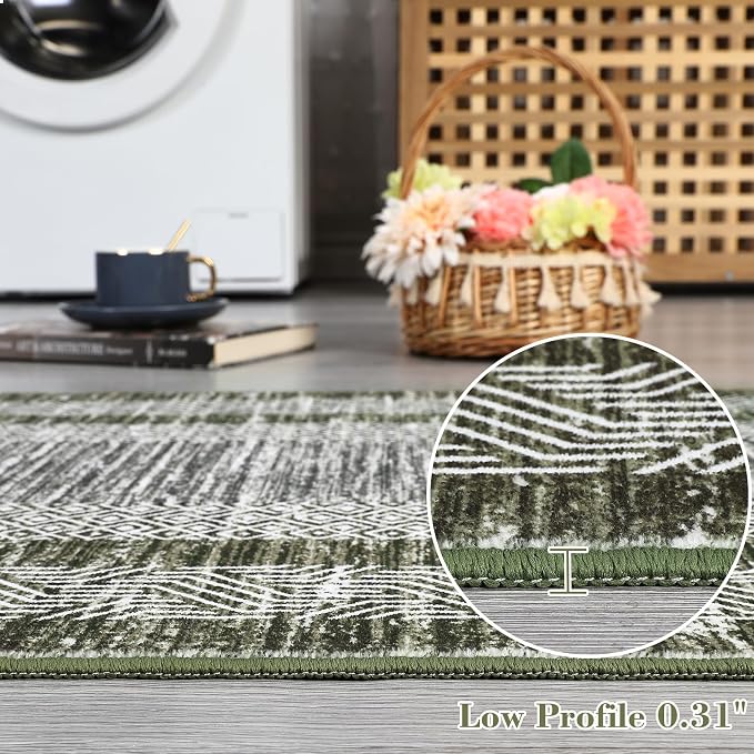 GarveeHome Washable 2.5x10 Kitchen Runner Rug, Easy Clean Geometri Rugs for Hallway Entryway, Indoor Outdoor Non Slip Rug Farmhouse Morden Carpet Door Mat Area Rug for Laundry Room Green