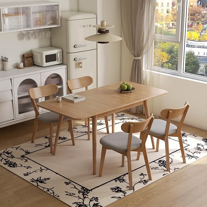 47’’-63’’ 100% Oak Extendable Dining Table and Chairs Set for 4, Solid Wood Folding Kitchen Table, Mid Century Modern Dinner Table for Kitchen, Living Room, Natural (47''-63''+4 Cushion Chairs-YC)