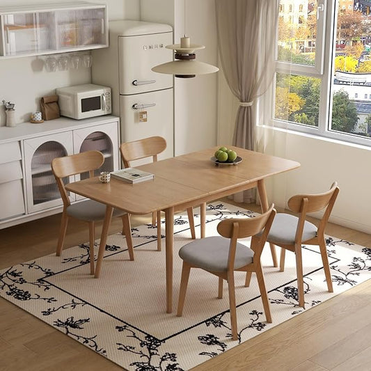 47’’-63’’ 100% Oak Extendable Dining Table and Chairs Set for 4, Solid Wood Folding Kitchen Table, Mid Century Modern Dinner Table for Kitchen, Living Room, Natural (47''-63''+4 Cushion Chairs-YC)
