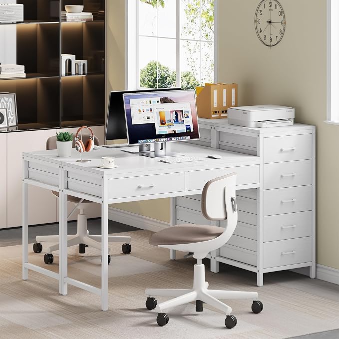 Computer Desk with Reversible Drawer, 55 inch Home Office Desks with 7 Drawers, Modern Compact Study Writing Table Workstation with Storage for Small Spaces, All White