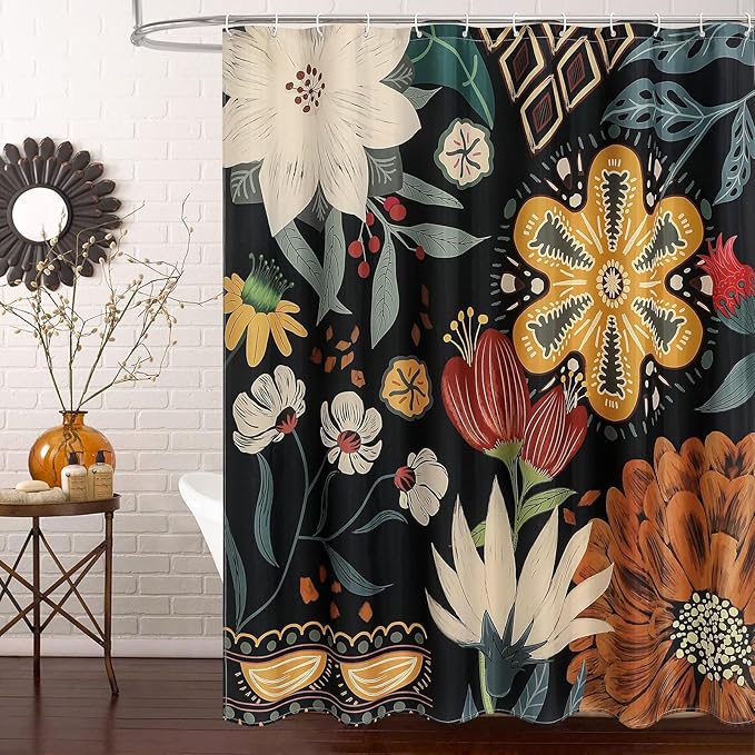 MitoVilla Extra Long Boho Floral Shower Curtain 72 x 84, Chic Elegant Bathroom Shower Curtain with Tropical Leaves, XL Rustic Flower Shower Curtains for Vintage Bathroom Decor
