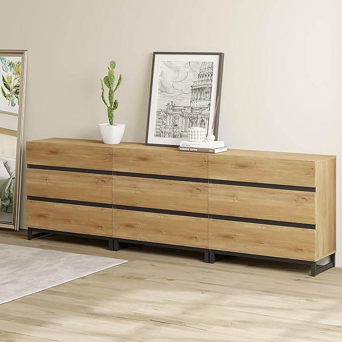 WAMPAT Dresser for Bedroom, Closet Organizers and Storage with 9 Drawers, Chest of Drawers with Metal Base, Wooden Modern Dresser for Living Room, Bedroom, Entryway, Oak
