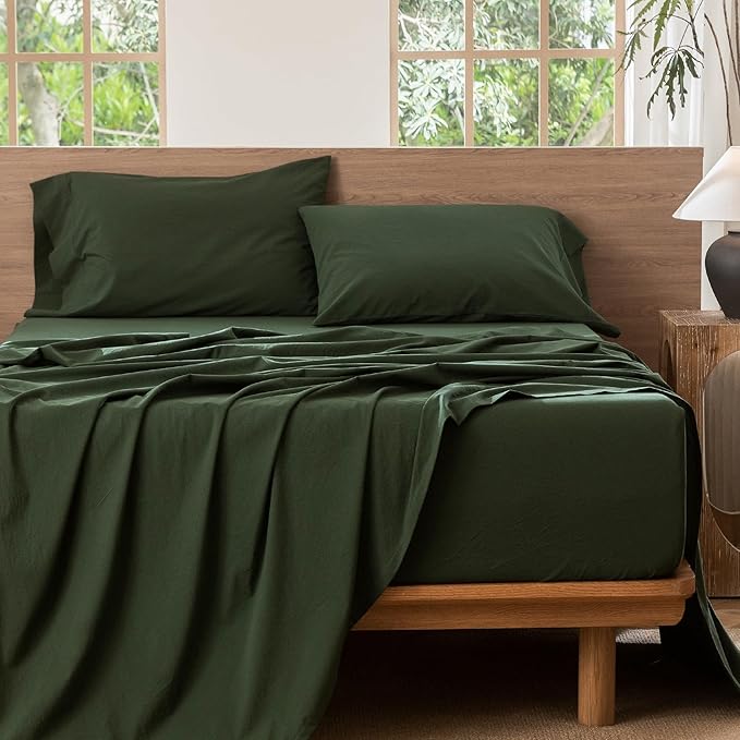 MooMee Bedding Sheet Set 100% Washed Cotton Linen Like Textured Breathable Durable Soft Comfy (Solid Forest Green, California King)