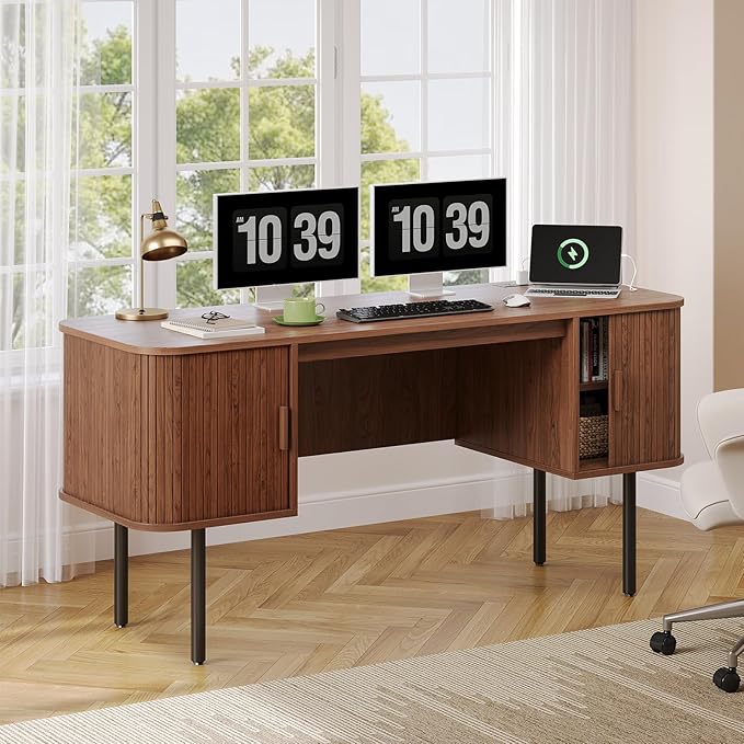 ONBRILL 63 Inch Fluted Computer Desk with Charging Station, Mid Century Executive Desk with 2 Storage Cabinets, Modern Home Office Large Desk with Metal Legs for Working, Studying, Writing, Walnut