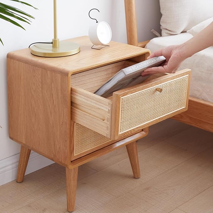 Mid-Century Modern Rattan Nightstand, 2-Drawer Solid Oak Bedside Table with Natural Rattan Fronts, Wooden Bedroom End Table (Natural Oak, 15.74”x13.78”x21.26”)
