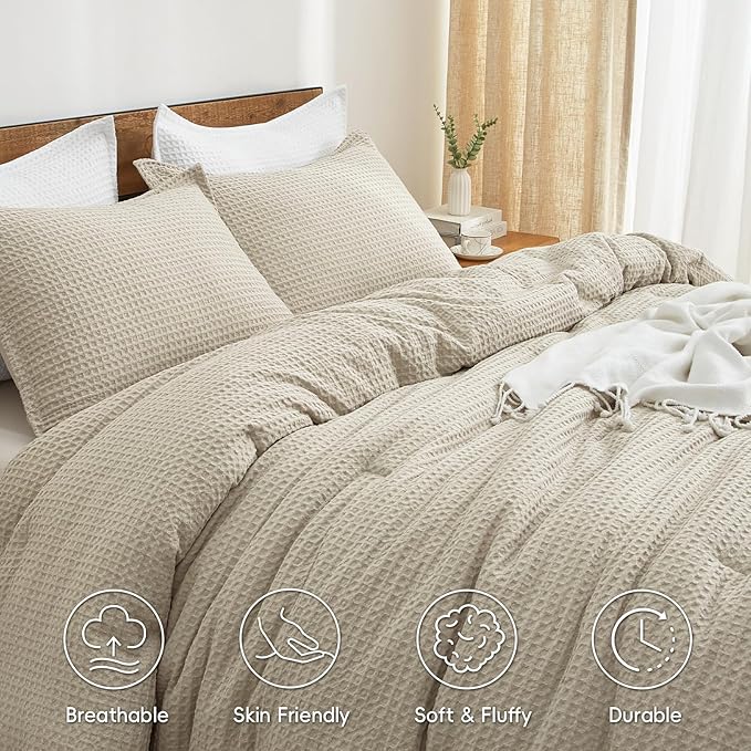 PHF Ultra Soft Waffle Weave Comforter Set Queen Size, 3 Pieces Lightweight Breathable Comfy Bedding Set, Comfy Textured 1 Comforter with 2 Pillow Shams, Linen
