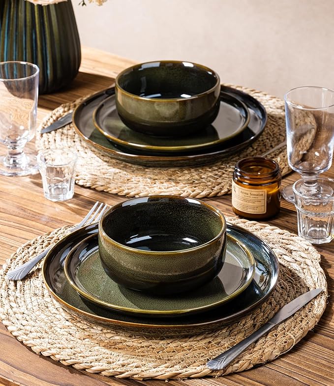 TheTerra Ceramic Dinnerware Sets for 6, 18 Pieces Handmade Reactive Glaze Plates and Bowls Set, Scratch Resistant Dish Set, Oven & Microwave & Dishwasher Safe, Olive Green