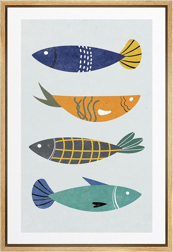 Woodrose Framed Canvas Print Wall Art Retro Pattern Vintage Fish Variety Animals Shapes Illustrations Modern Minimalist Chic Relax/Calm Multicolor for Living Room, Bedroom, Office - 16"x24" Natural