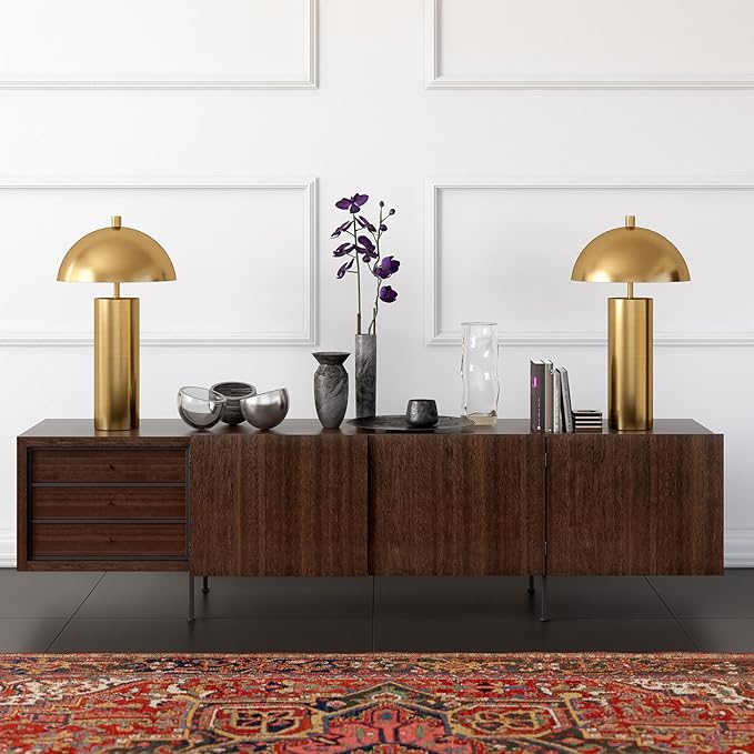 Henn&Hart 27" Mid-Century Modern 1-Light Table Lamp with Gold Metal Dome Shade for Living Room, Bedroom, or Office, Gold