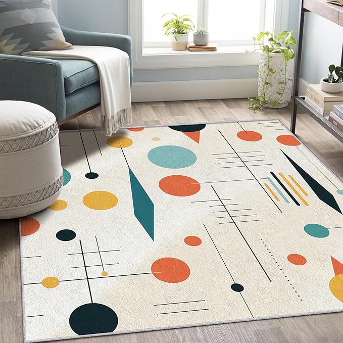 Mid Century Rugs for Living Room 3x4, Retro 50s Geometric Modern Abstract Colorful Pattern Design Area Rug, Mid Century Bedroom Decor Carpet, Non Slip, Washable (RG525)