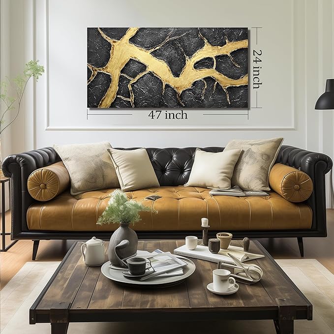 DNIEOTU Abstract Canvas Wall Art for Living Room, Black and Gold Wall-Decor for Bedroom, 3D Textured Paintings for Hallway Office, Size 47 x 24 Inches Hand Painted