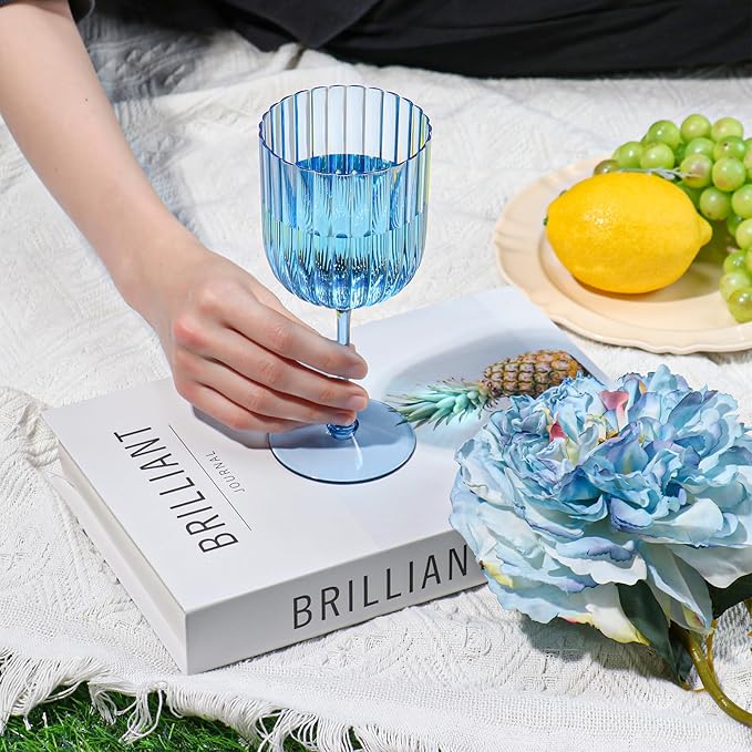 12 PCS Plastic Ribbed Wine Glasses 11oz Blue Detachable Wine Goblet Unbreakable Vintage Ripple Water Goblets Cocktail Drinking Cups for Parties Weddings Poolside Outdoors