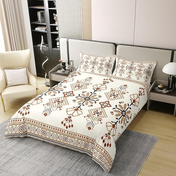 100% Cotton Aztec Duvet Cover Queen Ethnic Bedding Set Abstract Floral Boho Geometric Flowers Comforter Cover Traditional Oriental Pattern Bedroom Decor Brown Yellow Quilt Cover For Adult Woman
