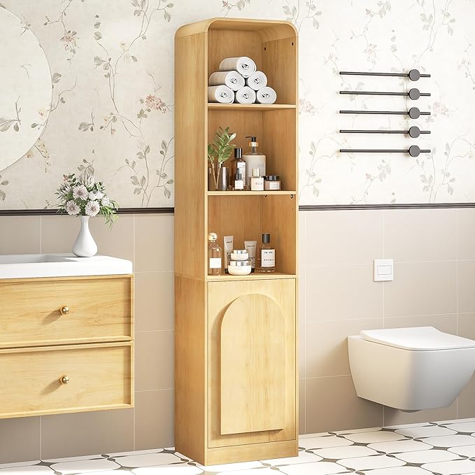 Slim Bathroom Storage Cabinet with Arched Door, Tall Narrow Cabinet with 5 Tier Adjustable Shelves, Mid Century Modern Floor Cabinet for Living Room, Kitchen, Wood, Thin