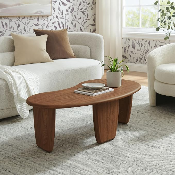 Modway Vetra Kidney-Shaped Free Coffee Table in Walnut Wood Grain – Funky Mid-Century Modern Cloud Center Table for Living Room