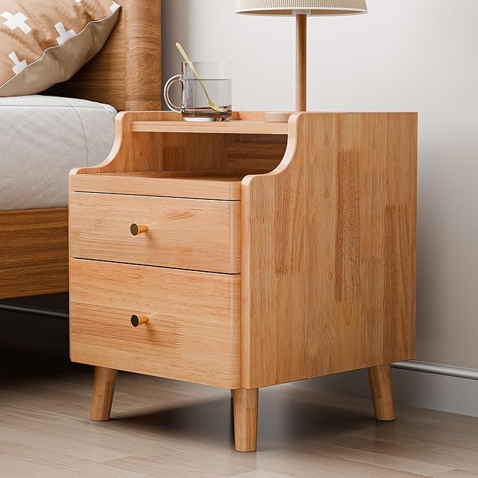 Nightstand Set of 2, Pre-Assembled, 19.7“H Solid Wood Night Stand with 2 Drawers, Open Sliding Shelf, Mid Century Modern Small Bedside Table for Bedroom, End Side Table, Natural Oak