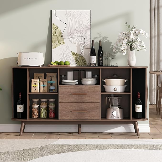 63" Sideboard Buffet Cabinet with Sliding Tambour Doors, Mid-Century Modern Accent Cabinet with Drawers & Solid Wood Legs, Fluted Storage Cabinet for Living Room, Dining Room, Walnut