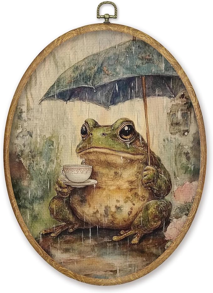 CGBHW Vintage Frog Oval Wall Art Decor, Cottagecore Farmhouse Frog Canvas Prints Framed, Whimsical Floral Botanical Rainy Day Animal Wall Art Hanging Decor for Home Bedroom Living Room, 8.6x11.4 Inch