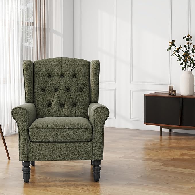 High Back Accent Chair, Fabric Upholstered Armchair Wingback Chair for Living Room, Comfy Single Sofa Solid Wood Legs Bedroom Side Reading Seat - Olive Green