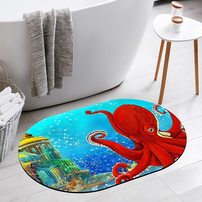 Bathroom Rug Mat Cartoon Underwater Octopus Kingdom Oval Bath Mat Doormat Absorbent Quick Dry Non Slip Diatom Mud Mat for Shower Tub Sink Laundry Kitchen Doorway 23.6x15.7 Inches
